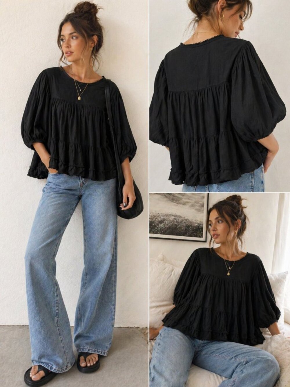 Free People Black Oversized Boho Peplum Top XS Loose Fit Puff Sleeve Ruffle Baby
